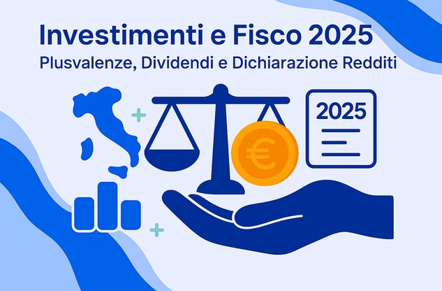 Illustrazione flat con simboli fiscali e chiave-casa, stile istituzionale CAF Public su sfondo blu