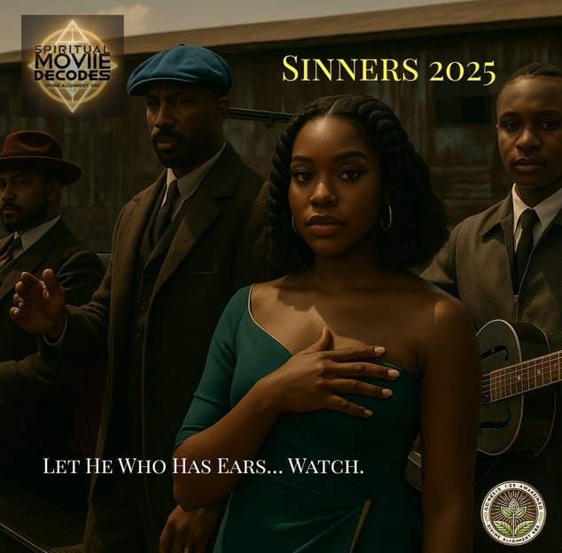 Four solemn Black characters stand in vintage 1920s-style clothing in front of a weathered building,