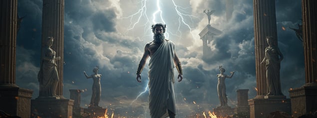 a man, Zeus, in a white robe standing in front of a lightning bolt bolt bolt