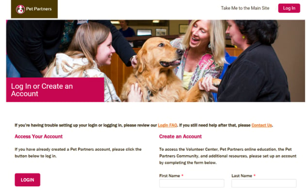 Screen shot of Pet Partners website page to create a free volunteer account.