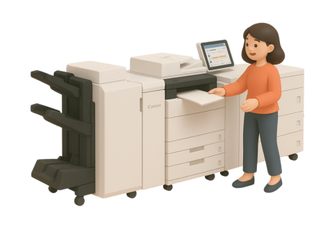 Imprenta gráfica minimalista 3D, mujer feliz usando máquina de impresión digital, servicios de impresión en Lima Perú