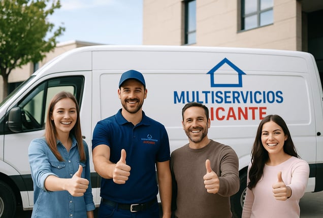 Un trabajador de Multiservicios Alicante con tres clientes dando su aprobación delante de la furgone