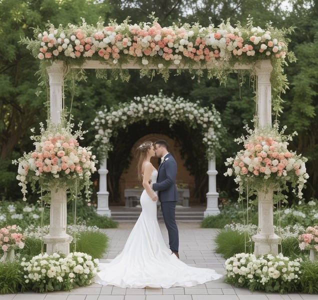 A bride is holding a bouquet of flowers. She is wearing a lace wedding dress with a long veil.