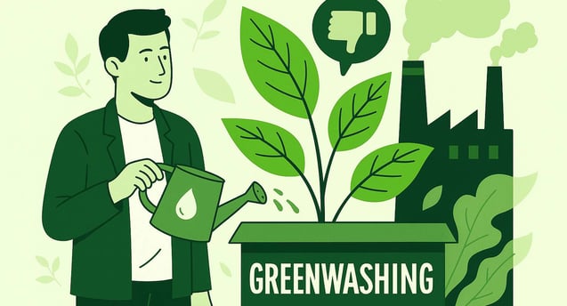 Illustration of a man watering a plant labeled “Greenwashing” while a factory emits smoke