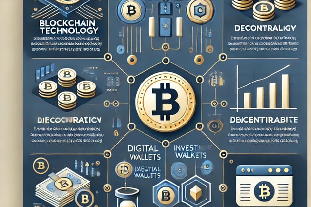 An informative infographic highlighting key aspects of cryptocurrency, including blockchain technolo