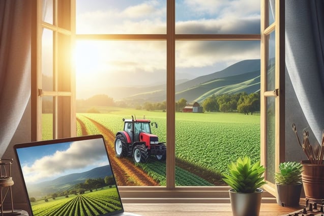 laptop computer on desk in front of open window with tractor in field in background