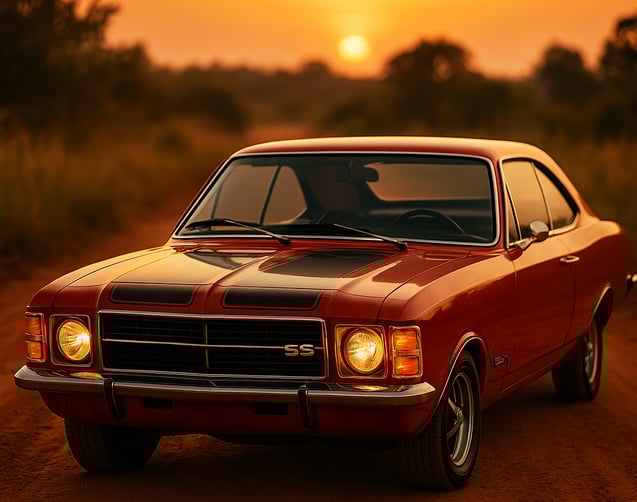 Chevrolet Opala SS vermelho em estrada de terra ao pôr do sol, com faróis acesos
