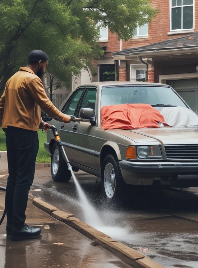A person is washing a silver SUV at a car wash during the evening. The surroundings are dimly lit, with blue tones dominating the scene. The person is using a pressure washer to clean the vehicle. Trees and a corrugated metal fence are visible in the background.