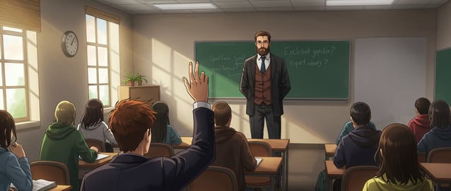 a man standing in front of a classroom with a chalkboard