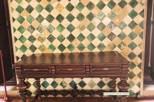 beautiful wall table by fun colored glazed ceramic Moorish tiled wall in Sintra National Palace