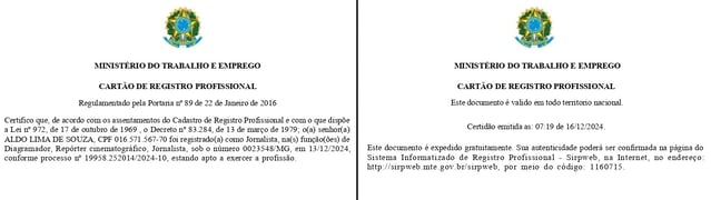 Aldo Lima de Souza registro profissional de jornalista no MTB serviço publico federal