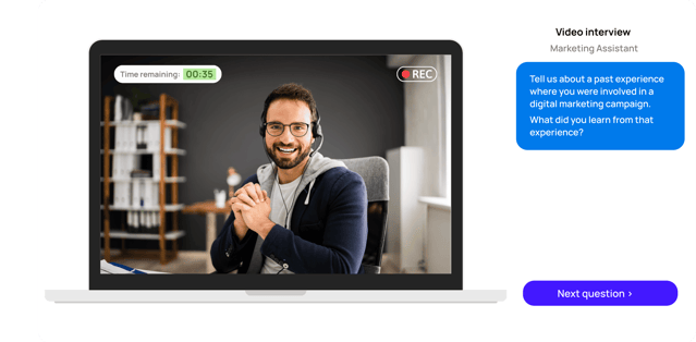 A candidate responding to an AI-powered video interview on their laptop, showing intuitive and accessible remote assessment