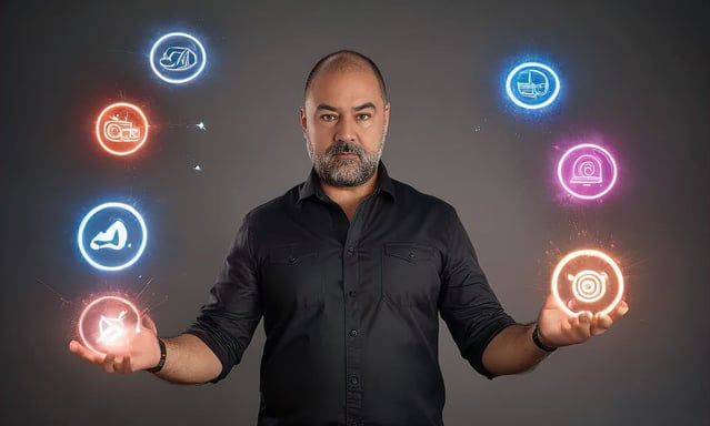 Hombre con camisa oscura interactuando con iconos digitales flotantes, simbolizando creatividad, inn