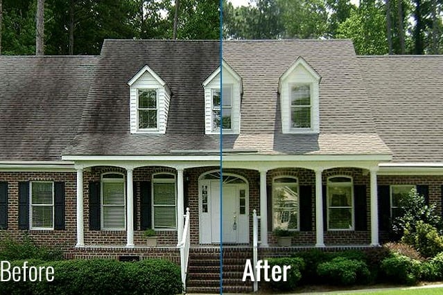 Before and after roof cleaning showing dramatic results from soft washing a residential home