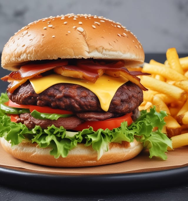 A gourmet hamburger is placed on a black plate, featuring layers of melted cheese, crispy bacon, fresh green lettuce, and a succulent beef patty, all encased in a glossy brioche bun. The background is dark, highlighting the appetizing colors and textures of the burger.