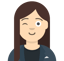 a woman with a blue jacket and a black shirt