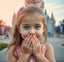 A young girl with the hands over my mouth reacting to her surprise disney trip reveal video