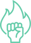 Flaming fist icon symbolizing bold, enthusiastic commitment to boundary-pushing creativity.