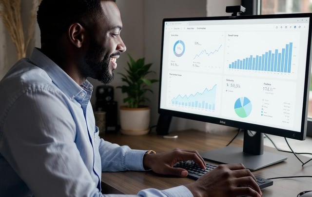 lifestyle shot of a client reviewing data/analytics on a screen with a smile or relaxed confidence.