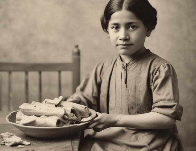 A homemade cake with textured frosting sits on a blue patterned plate. Surrounding items include scattered flour, a rolling pin, eggs, a handwritten recipe in a notebook, photographs, and a bowl of apples. The setting is rustic, with a wooden table surface.