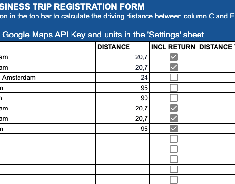 Business Trip Registration Form with instructions for distance calculation and API key setup