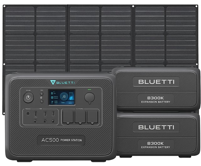 BLUETTI AC500 power station with two B300K batteries and a 350W foldable solar panel 