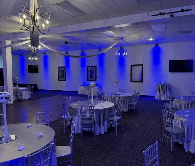 Silver and blue Wedding set up with Prestige Banquet and Event Center