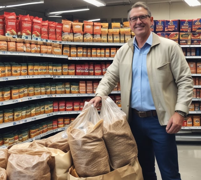 a man in a grocery store with bags of dog food to eat for his dog food diet.