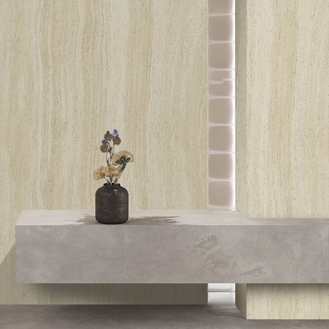 Maya Travertine flexible stone panel elegantly applied in a modern office lobby