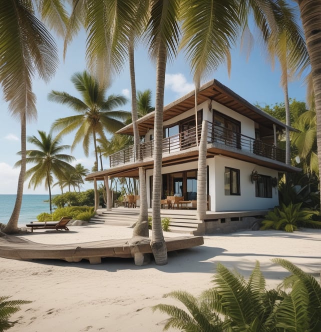 An aerial view of a luxury waterfront property with a contemporary architectural style featuring geometric shapes and a terracotta-colored roof. A sleek white boat navigates the adjacent dark green water. A rectangular swimming pool is visible in the backyard, surrounded by palm trees and a patio.