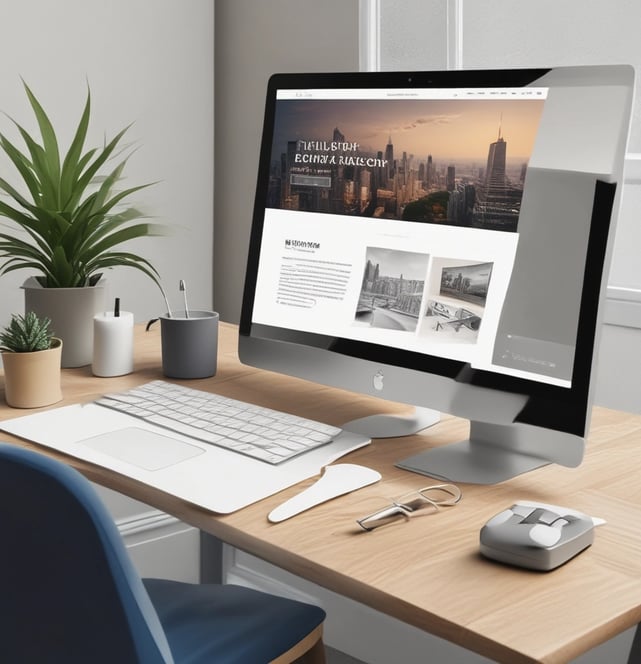 A laptop displaying a website design with the phrase 'Build your dream website.' next to a minimalistic building image. The scene also includes a modern mug and a smartphone placed on a wooden desk.