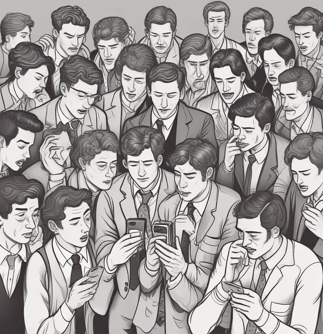 Someone crying while looking down at their phone, typically used to indicate a prohibition.