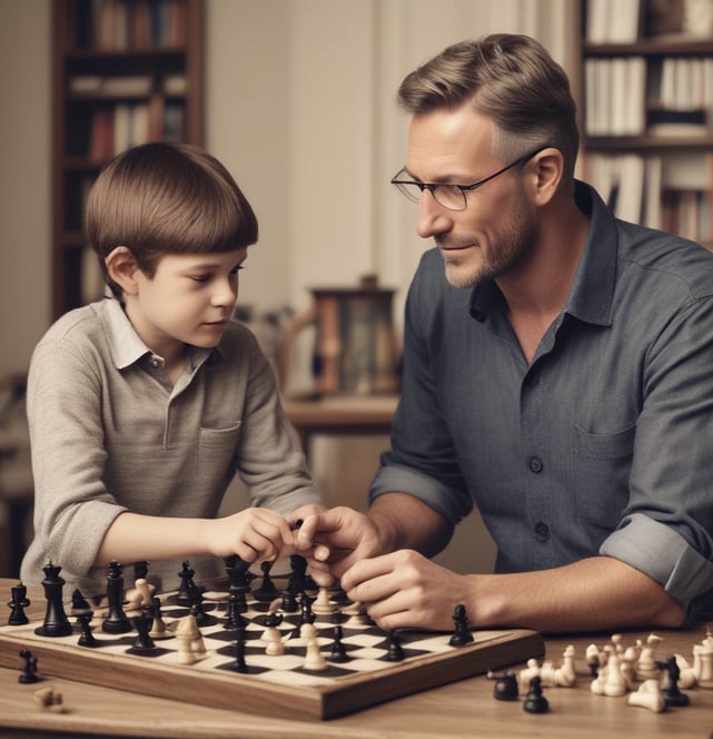 Rows of chess boards are set up on a long table, each equipped with a complete set of chess pieces. The boards are labeled with numbers and situated in a well-lit room. Sunlight casts shadows of the pieces onto the boards and table. Several chairs are arranged around the table.