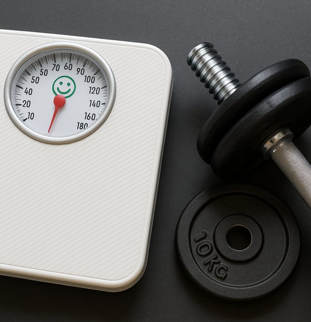 a weight scale and a dumbble
