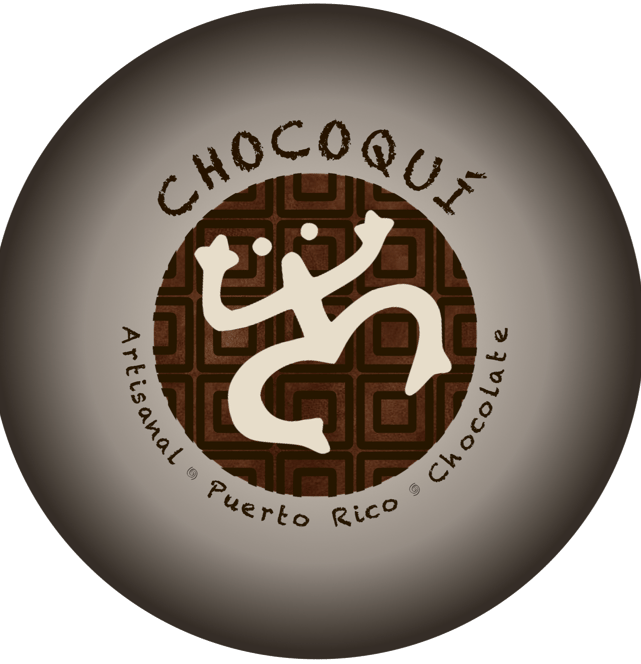 a Taino Coqui hieroglyph over a bed of chocolate squares, forming the logo for the Chocoqui company