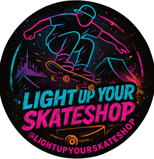 Custom 3D-printed lightbox with independent skate shop logo, illuminated on a display shelf.
