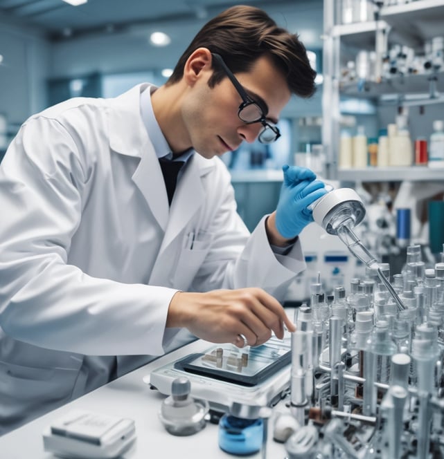 Two individuals stand on either side of a large banner for the BioPharmaceuticals Academy Masterclass. They both wear name tags and appear to be smiling. The banner lists various topics related to pharmaceuticals, including biologics and cell banks.