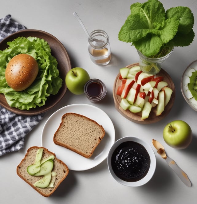 A neatly arranged assortment of healthy foods sits on a green background, including a clear water bottle, a bowl of dark green powder, leafy celery and lettuce, a banana, sliced kiwi, and a green apple.