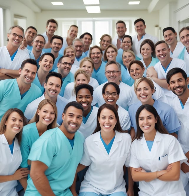 A dental office sign with a large toothbrush and oversized teeth protrudes from the side of a brick building. Above the sign, a mannequin styled like a trapeze artist swings from a trapeze bar, adding a whimsical element to the scene. The sky is overcast, and the building facade features various textures such as metal and stone.