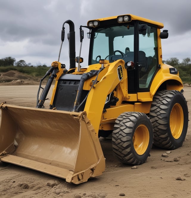 Heavy machinery including a yellow backhoe loader and a blue telehandler are parked on a concrete surface. The vehicles have distinct brand markings and are positioned under a clear sky with some power lines in the background.