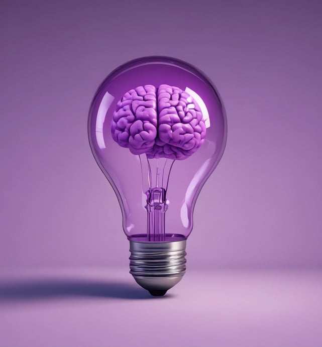 a purple light bulb with brain inside