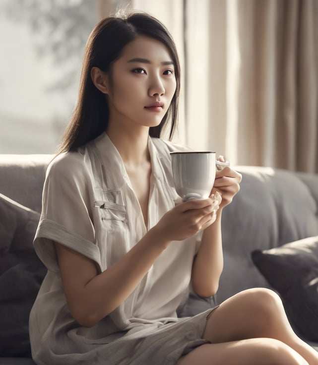 woman holding cup of coffee sitting on sofa