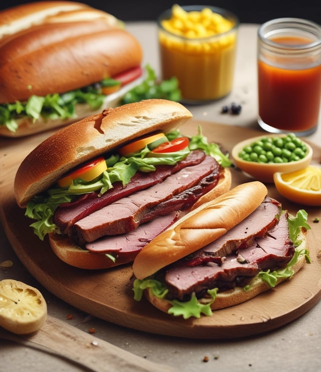 A small hamburger bun is partially cut to reveal a filling that appears to be a mix of meat and vegetables. The sesame seeds on the bun are visible, and the lighting highlights the texture of the bread and filling. The background is completely black, enhancing the focus on the sandwich and its reflection on the surface.