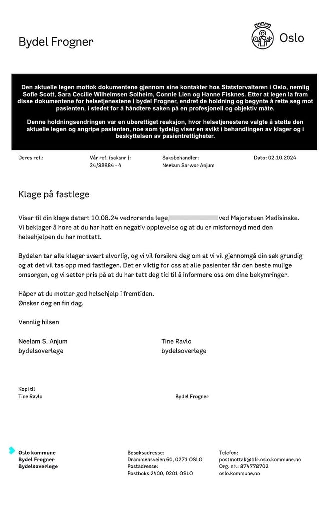 Bydelsoverlege Neelam Sarwar Anjum، Bydelsoverlege Tine Ravlo،Helse og omsorgstjenesten,Oslo Kommune,Frogner lege,helsesenter
