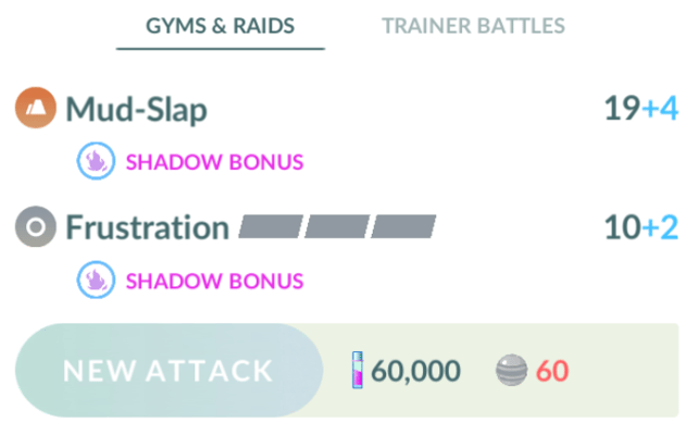 Moves of a Shadow Pokemon, including Shadow Bonus.