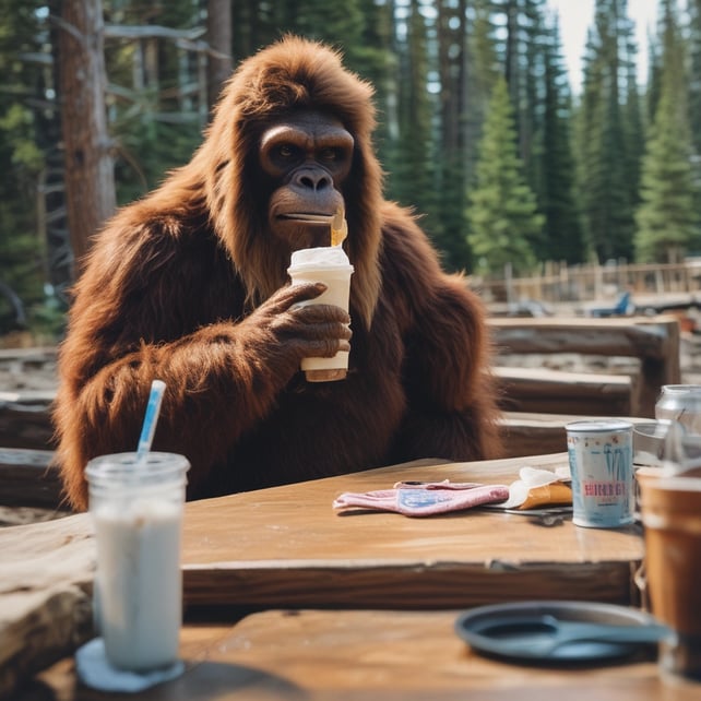 a gorilla gorilla sitting at a table with a drink