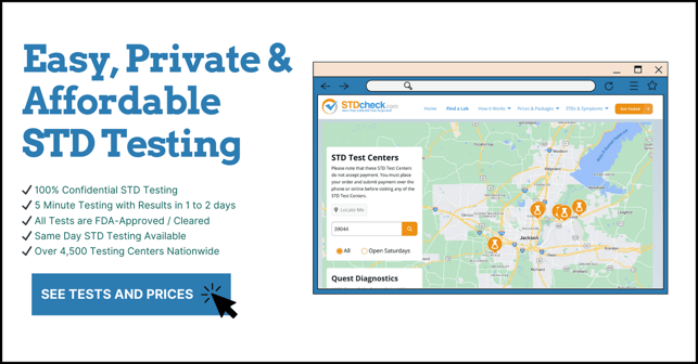 An ad for STD testing. It shows a map of testing centers in Jackson, MS.