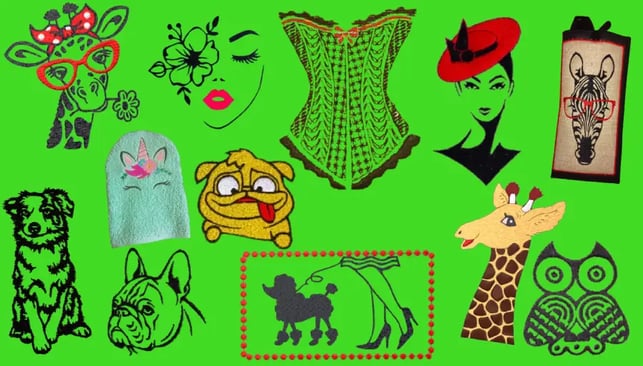 Motif de broderie machine femme animaux chien girafe gant toilette étui lunette lesbroderiesdenonette