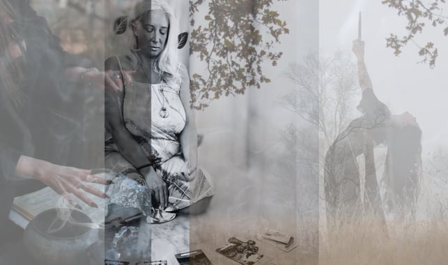 Maryann in ceremonial presence in ancient forest, with altar and ritual dagger