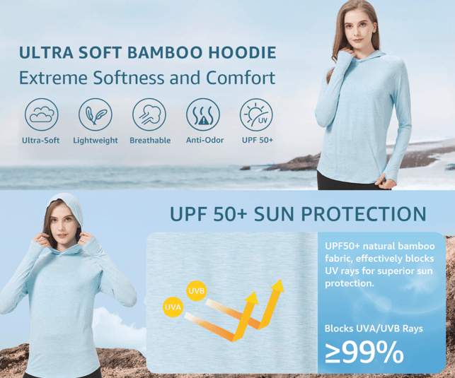 Woman wearing ultra soft bamboo hoodie made from recycled materials, emphasizing sustainable, cozy